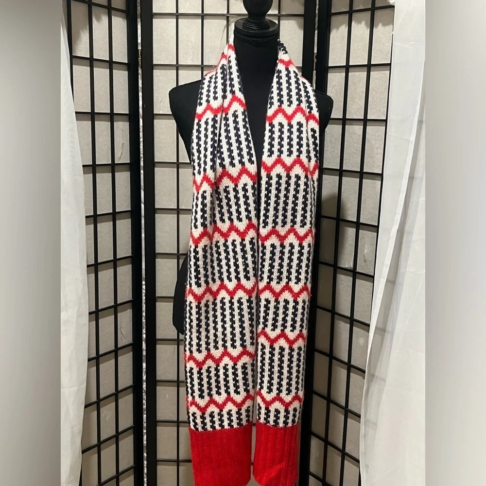 J. Crew Vibrant Red WHITE AND BLUE PATTERN SIX- FOOT—LONG WOVEN  WINTER SCARF!